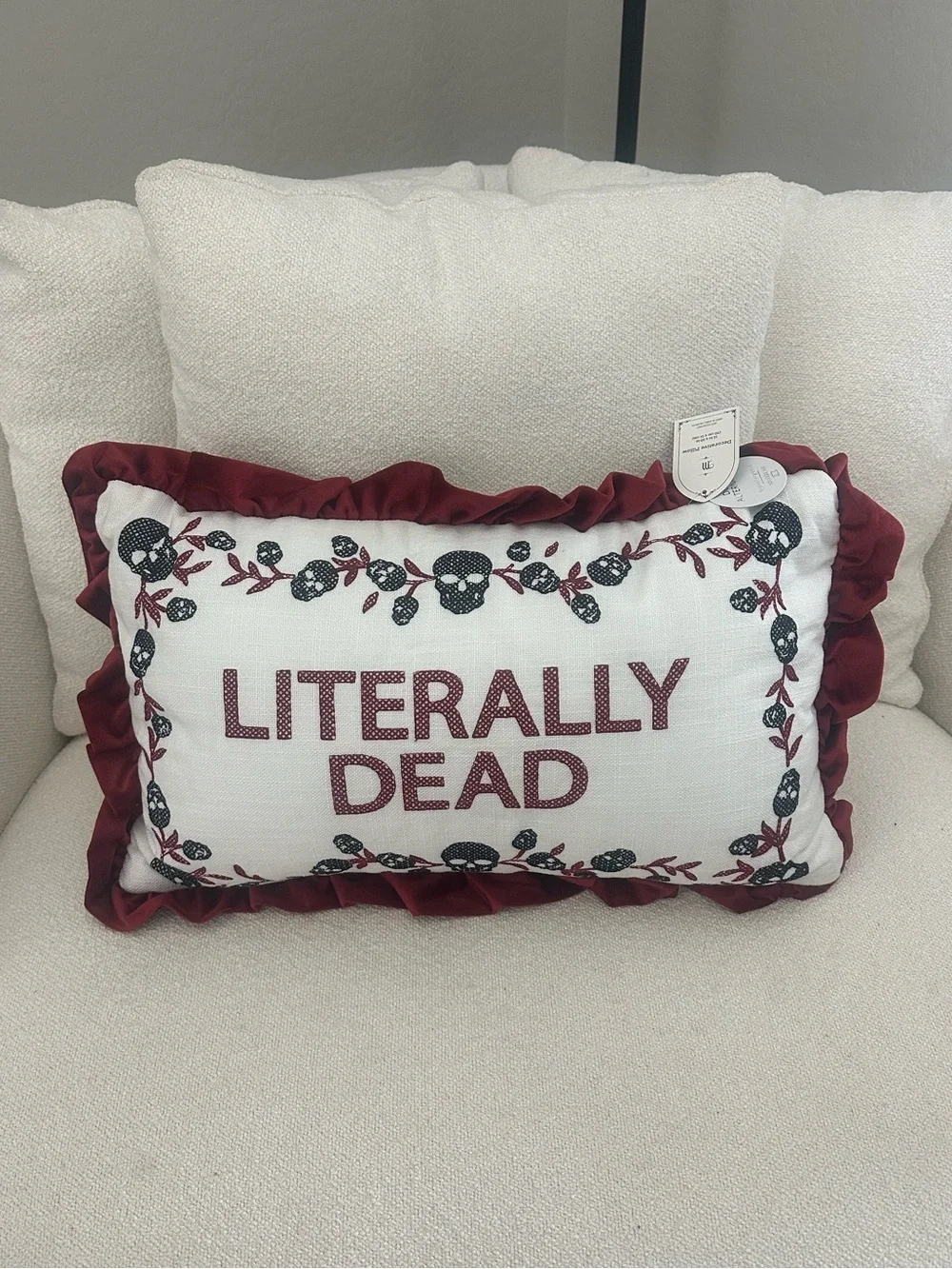 Literally Dead Skull Floral Ruffle Decorative Pillow 12x20 Gothic Halloween